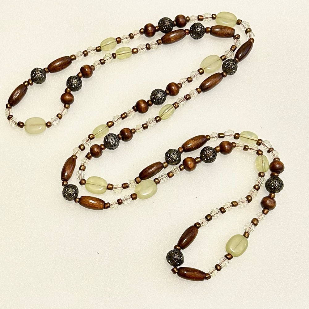 Vintage Wood and Lucite with Filigree Metal Beads Necklace 42” Flapper Length